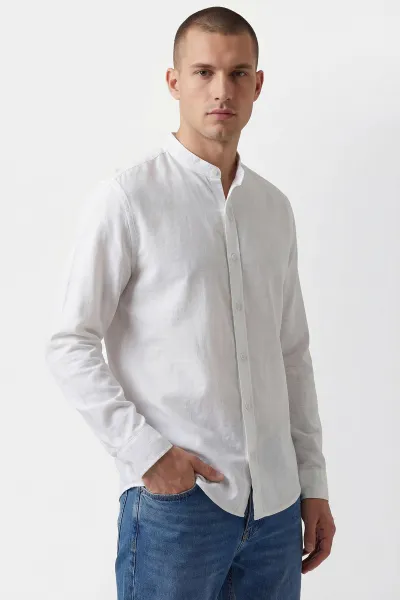 Beyaz Relaxed Fit Hakim Yaka Uzun Kollu Erkek Gömlek 445648