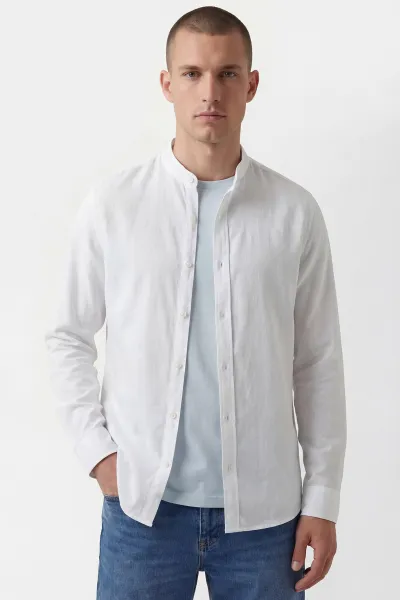 Beyaz Relaxed Fit Hakim Yaka Uzun Kollu Erkek Gömlek 445648