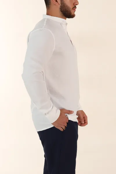 Beyaz Relaxed Fit Hakim Yaka Yarım Düğmeli Erkek Gömlek 369858