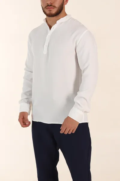 Beyaz Relaxed Fit Hakim Yaka Yarım Düğmeli Erkek Gömlek 369858