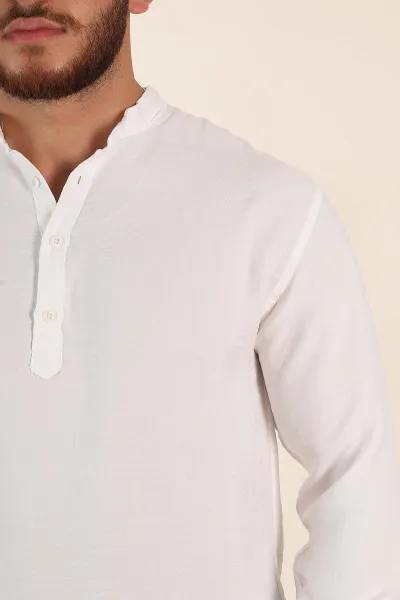 Beyaz Relaxed Fit Hakim Yaka Yarım Düğmeli Erkek Gömlek 369858