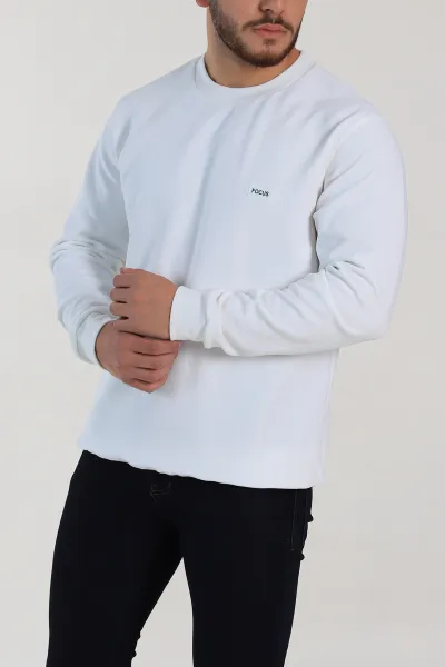 Beyaz Relaxed Fit İki İp Şardonlu Yazı Detay Likralı Erkek Sweatshirt 311204