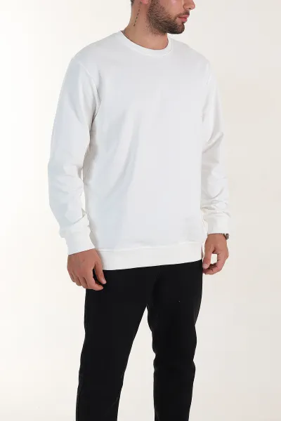 Beyaz Relaxed Fit İki İp Şardonsuz Basic Erkek Sweatshirt 398129