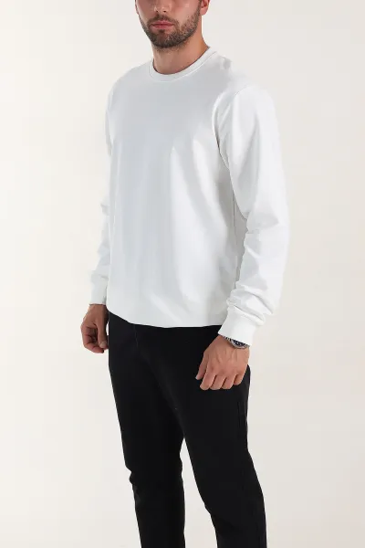 Beyaz Relaxed Fit İki İp Şardonsuz Basic Erkek Sweatshirt 398129