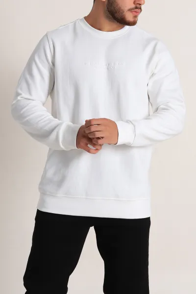 Beyaz Relaxed Fit İki İp Yazı Detaylı Basic Erkek Sweatshirt 299866