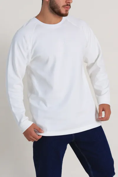 Beyaz Relaxed Fit İki İp Yazı Detaylı Basic Erkek Sweatshirt 299895
