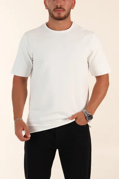 Beyaz Relaxed Fit İki İp Yırtık Yaka Detaylı Basic Erkek Tişört 347590
