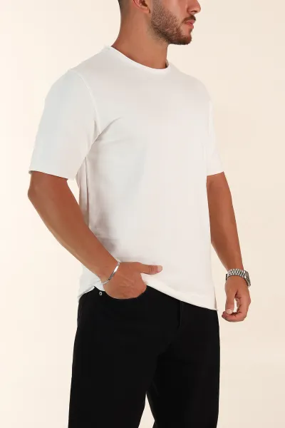 Beyaz Relaxed Fit İki İp Yırtık Yaka Detaylı Basic Erkek Tişört 347590