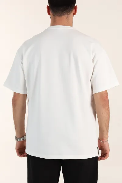 Beyaz Relaxed Fit İnterlok Kumaş Yazı Detaylı Erkek Tişört 359318