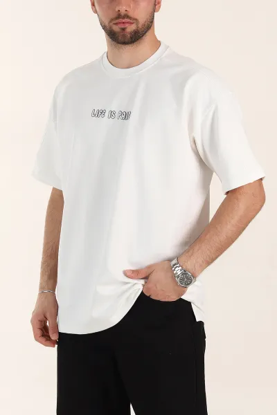 Beyaz Relaxed Fit İnterlok Kumaş Yazı Detaylı Erkek Tişört 359318