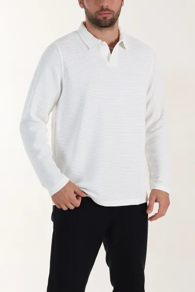 Beyaz Relaxed Fit Jakarlı Kumaş Kalın Fitilli Polo Yaka Sweatshirt 399556
