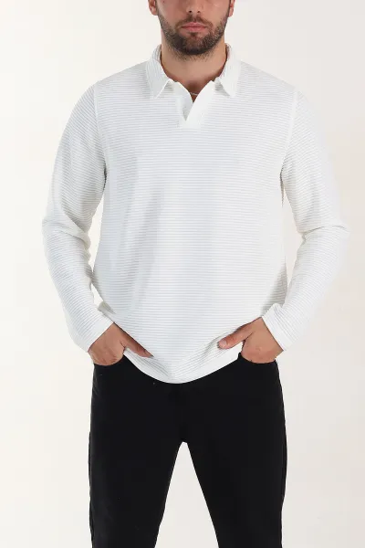 Beyaz Relaxed Fit Jakarlı Kumaş Kalın Fitilli Polo Yaka Sweatshirt 399556
