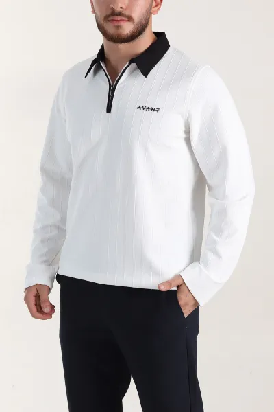 Beyaz Relaxed Fit Jakarlı Kumaş Yazı Detay Polo Yaka Erkek Sweatshirt 399380