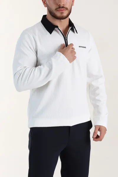 Beyaz Relaxed Fit Jakarlı Kumaş Yazı Detay Polo Yaka Erkek Sweatshirt 399380