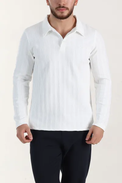 Beyaz Relaxed Fit Jakarlı Kumaş Yazı Detay Polo Yaka Erkek Sweatshirt 399385