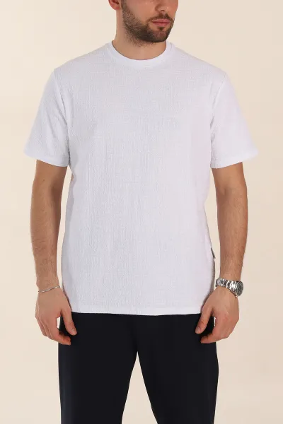Beyaz Relaxed Fit Kabartma Desenli Basic Erkek Tişört 358110
