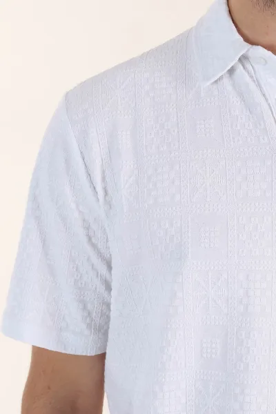 Beyaz Relaxed Fit Kabartma Desenli Düğmeli Polo Yaka Erkek Tişört 358082