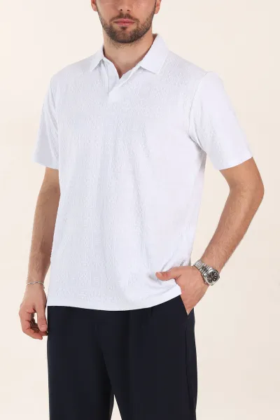 Beyaz Relaxed Fit Kabartma Desenli Düğmeli Polo Yaka Erkek Tişört 358082
