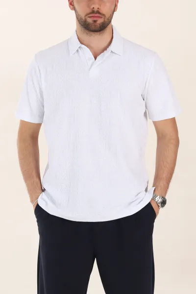 Beyaz Relaxed Fit Kabartma Desenli Düğmeli Polo Yaka Erkek Tişört 358082
