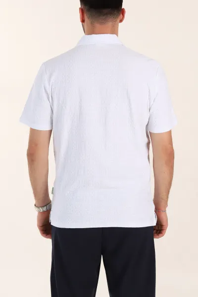 Beyaz Relaxed Fit Kabartma Desenli Düğmeli Polo Yaka Erkek Tişört 358082
