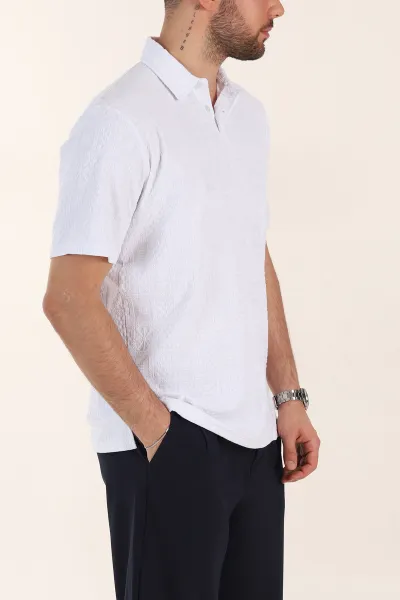 Beyaz Relaxed Fit Kabartma Desenli Düğmeli Polo Yaka Erkek Tişört 358082