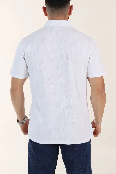 Beyaz Relaxed Fit Kabartma Desenli Düğmeli Polo Yaka Erkek Tişört 358192