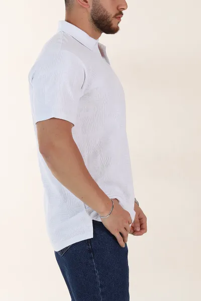 Beyaz Relaxed Fit Kabartma Desenli Düğmeli Polo Yaka Erkek Tişört 358192