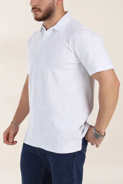 Beyaz Relaxed Fit Kabartma Desenli Düğmeli Polo Yaka Erkek Tişört 358192