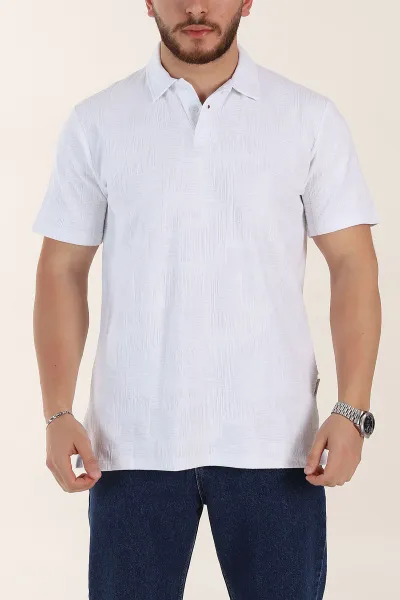 Beyaz Relaxed Fit Kabartma Desenli Düğmeli Polo Yaka Erkek Tişört 358192