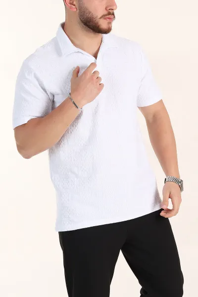 Beyaz Relaxed Fit Kabartma Desenli Patlı Polo Yaka Erkek Tişört 358025