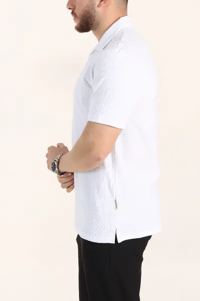 Beyaz Relaxed Fit Kabartma Desenli Patlı Polo Yaka Erkek Tişört 358025