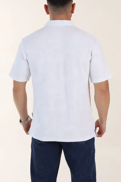 Beyaz Relaxed Fit Kabartma Desenli Patlı Polo Yaka Erkek Tişört 358102