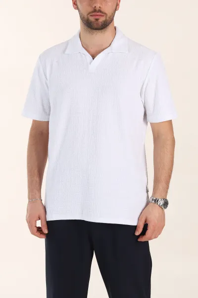 Beyaz Relaxed Fit Kabartma Desenli Patlı Polo Yaka Erkek Tişört 358283