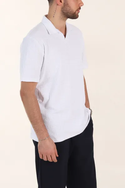 Beyaz Relaxed Fit Kabartma Desenli Patlı Polo Yaka Erkek Tişört 358283