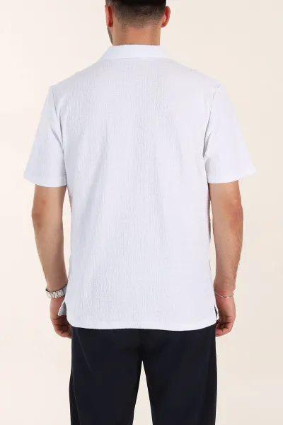 Beyaz Relaxed Fit Kabartma Desenli Patlı Polo Yaka Erkek Tişört 358283
