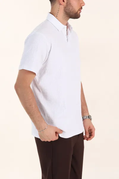Beyaz Relaxed Fit Kabartma Dokulu Düğmeli Polo Yaka Erkek Tişört 358231