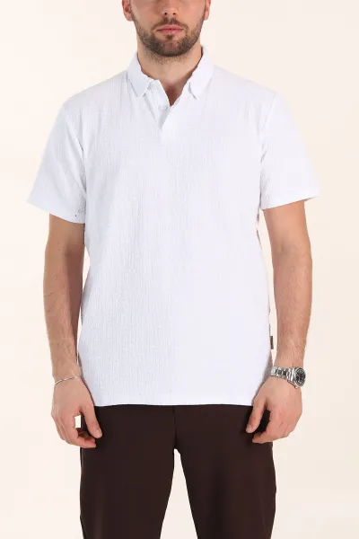 Beyaz Relaxed Fit Kabartma Dokulu Düğmeli Polo Yaka Erkek Tişört 358231