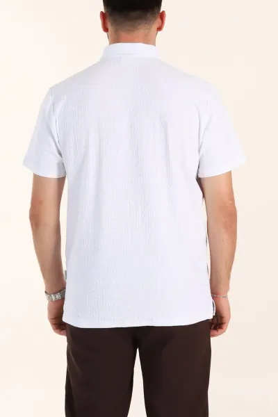 Beyaz Relaxed Fit Kabartma Dokulu Düğmeli Polo Yaka Erkek Tişört 358231
