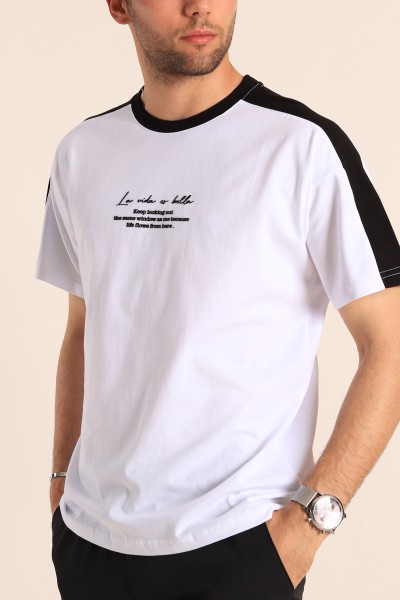 Beyaz Relaxed Fit Kabartma Slogan Baskılı Erkek Tişört 186587