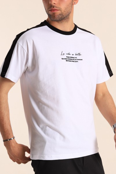 Beyaz Relaxed Fit Kabartma Slogan Baskılı Erkek Tişört 186587