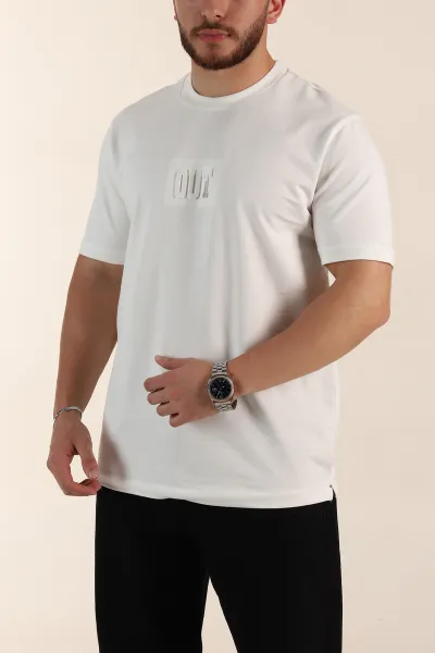 Beyaz Relaxed Fit Kabartma Yazı Detaylı Erkek Tişört 358496
