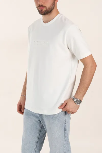 Beyaz Relaxed Fit Kabartma Yazı Detaylı Erkek Tişört 358508