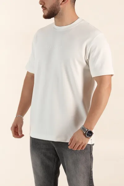 Beyaz Relaxed Fit Kabartma Yazı Detaylı Erkek Tişört 358651