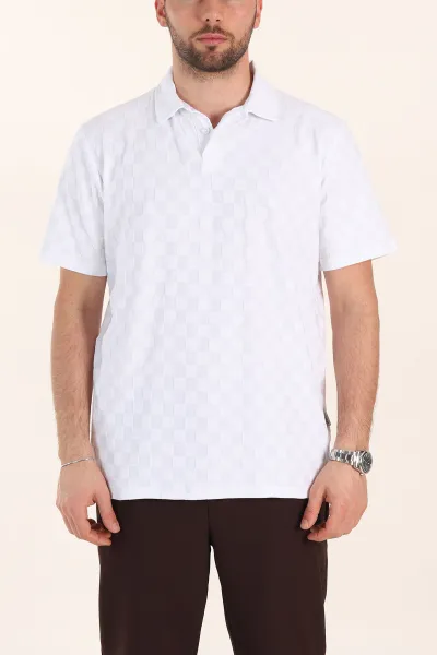 Beyaz Relaxed Fit Kare Dokulu Düğmeli Polo Yaka Erkek Tişört 358175
