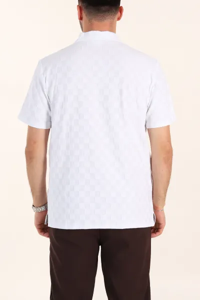 Beyaz Relaxed Fit Kare Dokulu Düğmeli Polo Yaka Erkek Tişört 358175