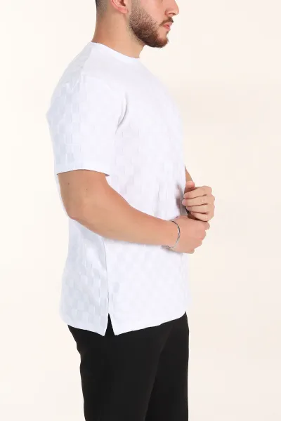 Beyaz Relaxed Fit Kare Dokulu Erkek Tişört 358004