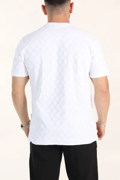 Beyaz Relaxed Fit Kare Dokulu Erkek Tişört 358004