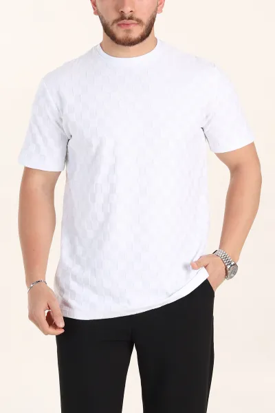 Beyaz Relaxed Fit Kare Dokulu Erkek Tişört 358004