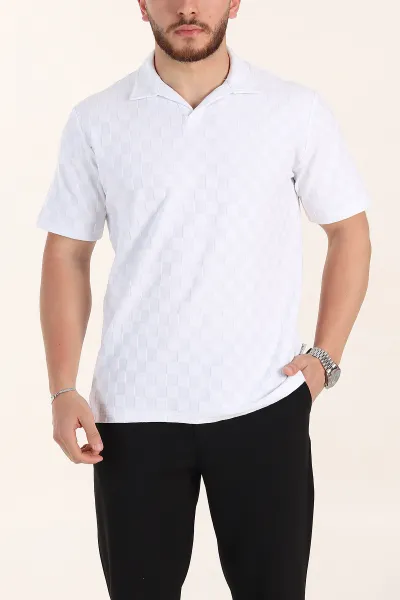 Beyaz Relaxed Fit Kare Dokulu Patlı Polo Yaka Erkek Tişört 358037