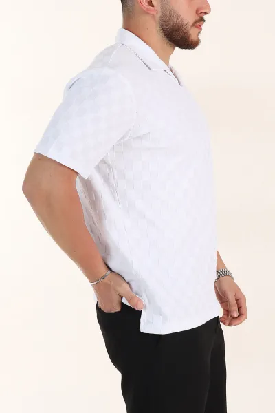 Beyaz Relaxed Fit Kare Dokulu Patlı Polo Yaka Erkek Tişört 358037
